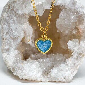 3/$20 14k Gold Royal Blue Glitter Resin Heart Charm Handmade Pendant Necklace